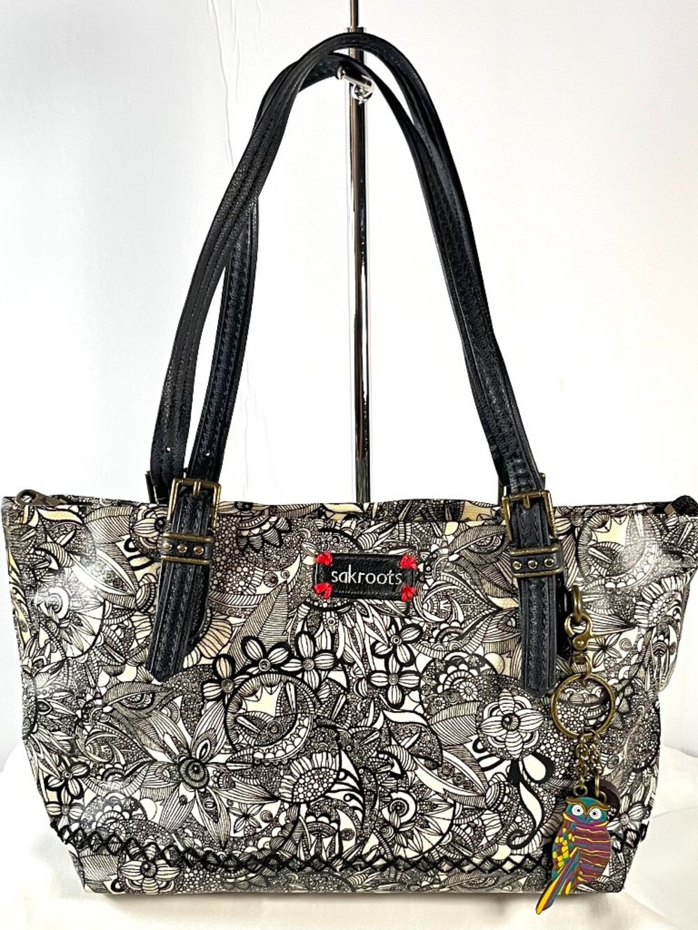 Sakroots Metro Woven Tote Black & Cream Soulful Desert Owl Charm Shoulder Bag